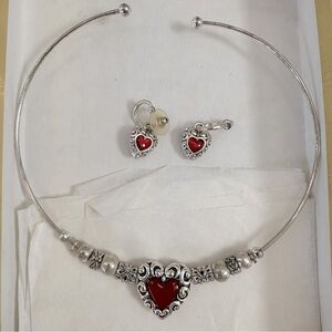 Brighton Silver Necklace & Earrings Set with Red Heart Charm